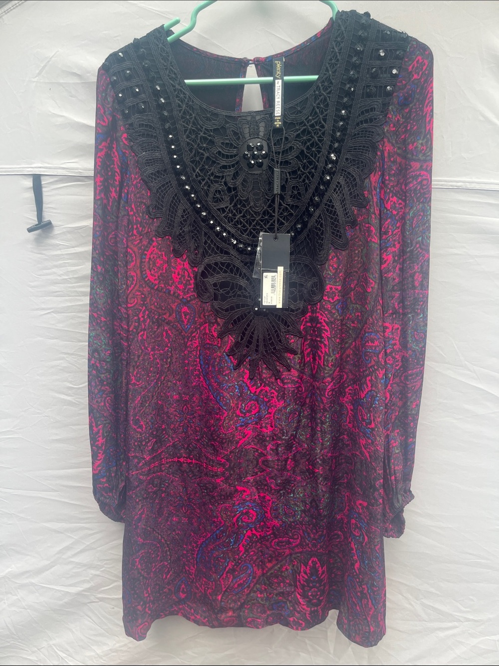 Plenty by Tracy Reese Fuchsia Paisley Long-Sleeve Dress with Black Lace Appliqué